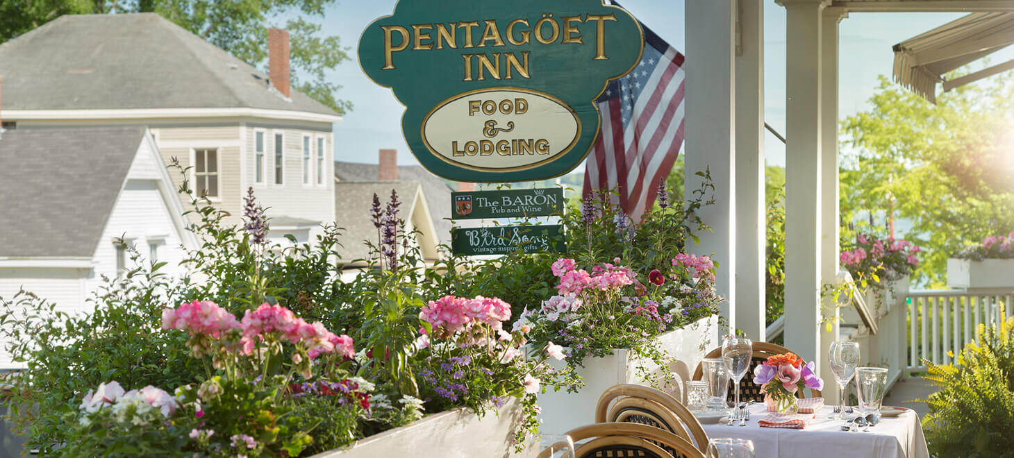 Pentagoet Inn porch and sign